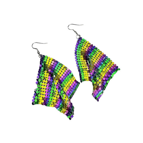 Mardi Gras Purple, Green, and Gold Metal Mesh Earrings (Pair)