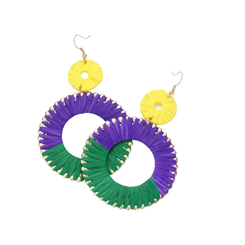 Mardi Gras Raffia Open Circle Dangle Earrings (Pair)