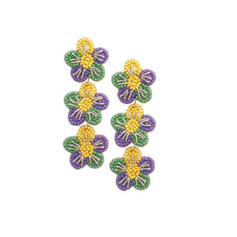 Mardi Gras Triple Flower Beaded Felt Back Dangle Earrings (Pair)