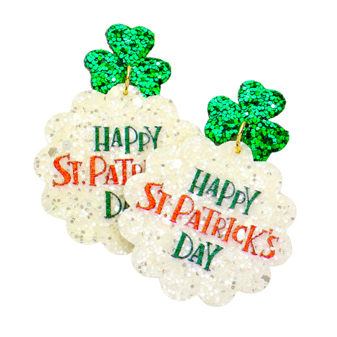 Happy St. Patrick's Day Message Glittered Clover Shamrock Dangle Earrings (Pair)