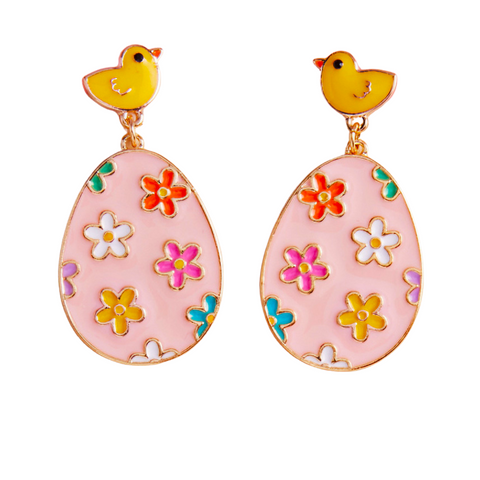 Enamel Chick Flower Easter Egg Dangle Earrings (Pair)