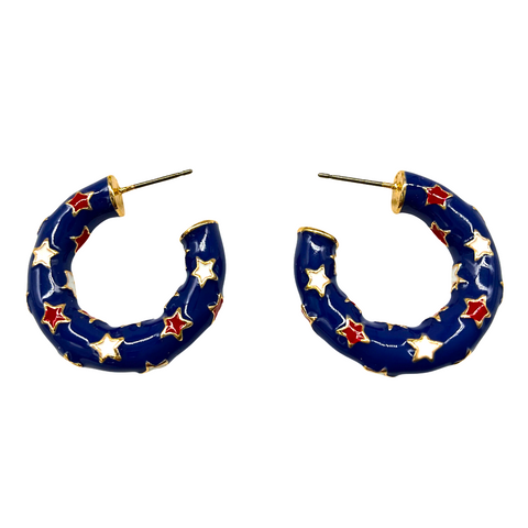 Enamel American Patriotic Pattern Hoop Earrings - Blue (Pair)