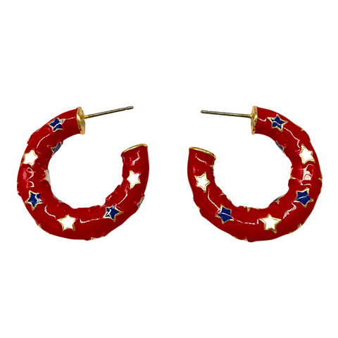 Enamel American Patriotic Pattern Hoop Earrings - Red (Pair)