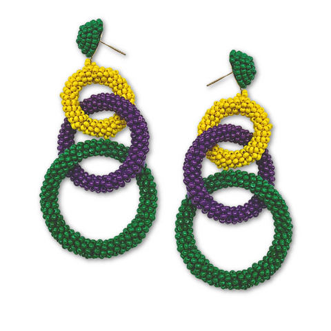 Mardi Gras Seed Bead Drop Hoop Earrings (Pair)