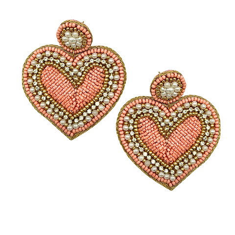 Blush and Pearl Beaded Heart Earrings (Pair)
