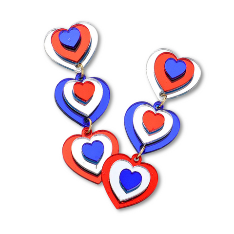 Red, White and Blue Mirrored Heart Dropdown Earrings (Pair)