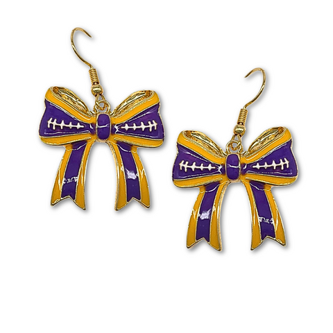 Purple and Gold Football Bow Earrings (Pair)