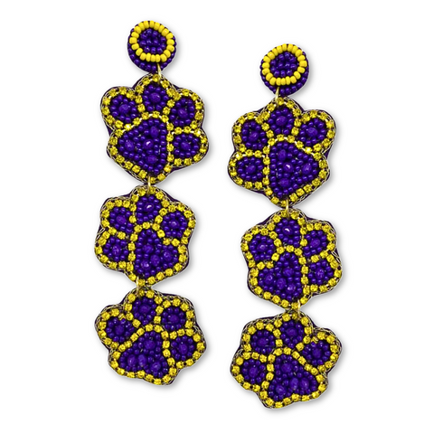 Purple and Gold Paw Print Drop Earrings (Pair)