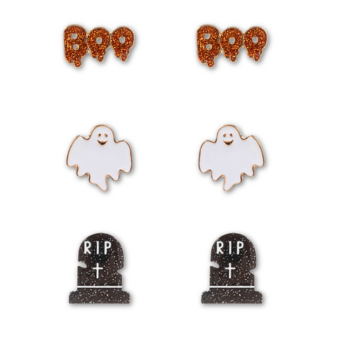 Halloween Ghost, Tombstone, and BOO Stud Earrings (Set of 3 Pairs)