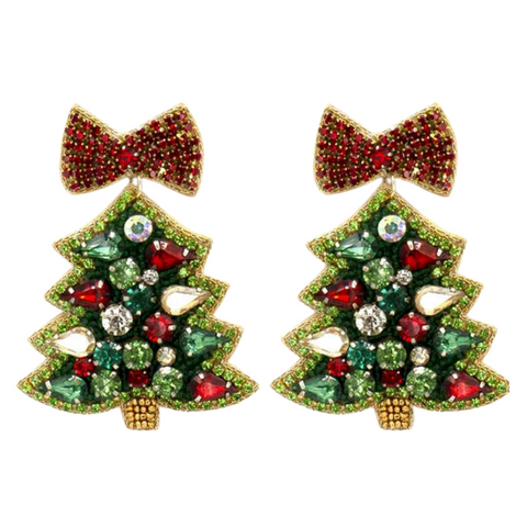 Jeweled Christmas Tree with Bow Earrings (Pair)