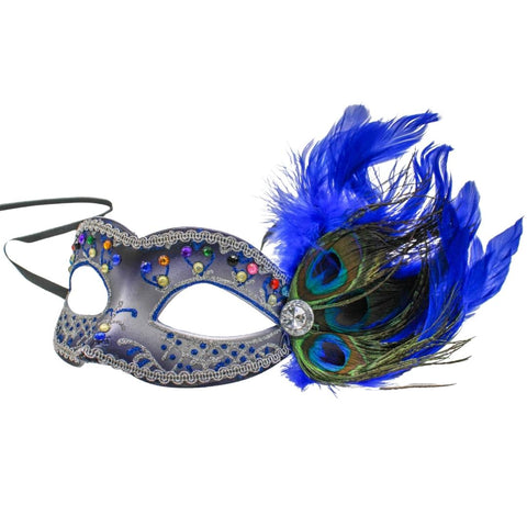 Royal Blue and Silver Mask with Jewels and Royal Blue Feather (Each)