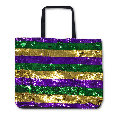 Purple, Green and Gold Mardi Gras Sequin Stripe Tote (Each)