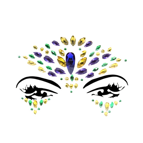 Purple, Green and Gold Mardi Gras Crystal Stick on Face Jewels Mask (Each)