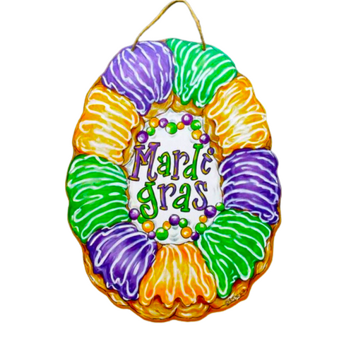 King Cake with "Mardi Gras" Door Hanger (Each)