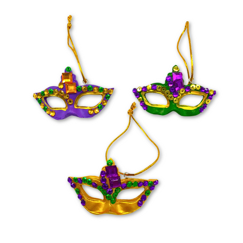 Purple, Green, and Gold Mardi Gras Jeweled Small Mask Ornaments (Each)