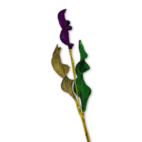 29" Purple, Green and Gold Mardi Gras Glittered Wavy Leaf Spray (Each)