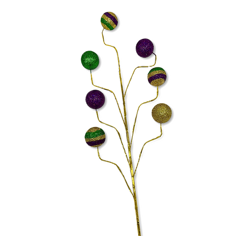 29" Purple, Green and Gold Mardi Gras Glittered Ball Ornaments Spray (Each)