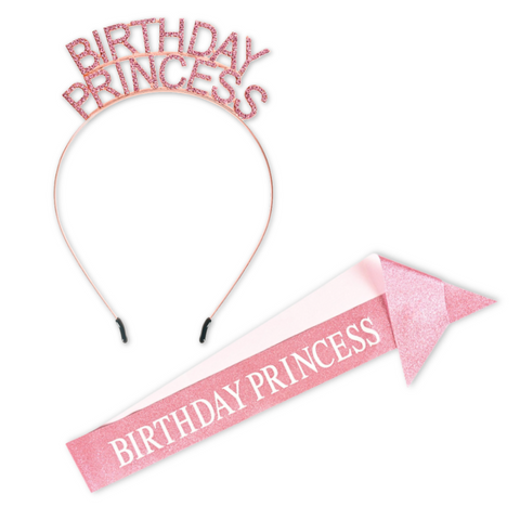 Pink Birthday Princess Headband and Glittered Sash Set (Each)