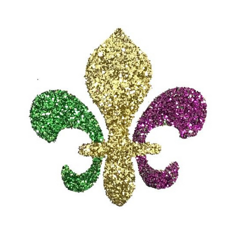 Purple, Green and Gold Fleur de Lis Glitter Sticker 2" x 2" (Each)