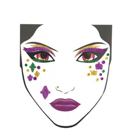 Purple Green and Gold Glitter and Jeweled Face Sticker (Each)