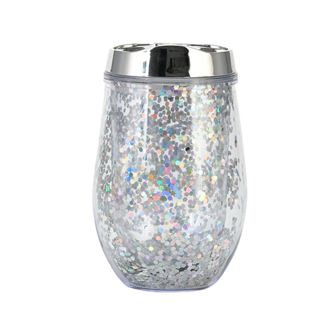 Silver Glitter 350ml Double Wall Plastic Wine Glass (Each)
