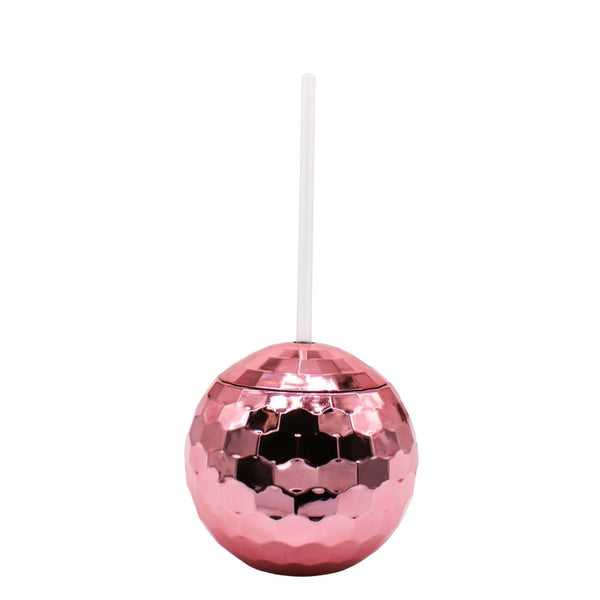 20oz Pink Disco Ball Glass with Lid and Straw (Each)