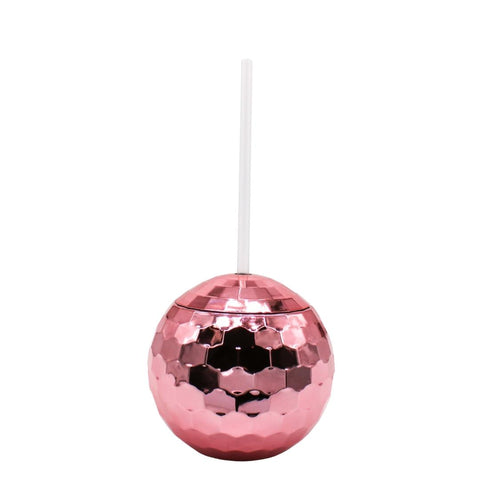 20oz Pink Disco Ball Glass with Lid and Straw (Each)