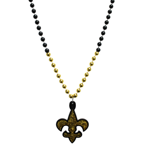 36" 10mm Black and Gold Fleur de Lis on Black and Gold Necklace (Each)