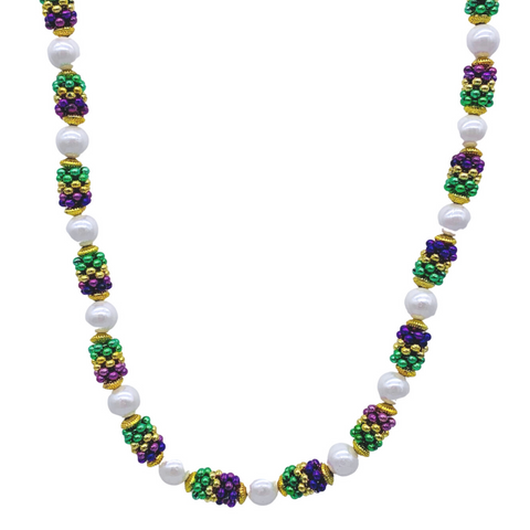 42" Purple, Green and Gold with White Pearl Mardi Gras Bead (Each)