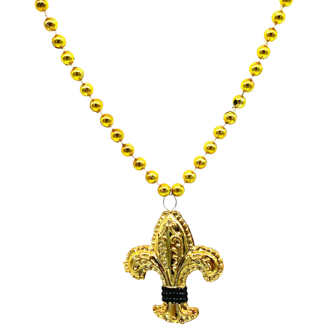 33" Black and Gold Fleur de Lis with 7.5mm Gold Mardi Gras Beads (Each)