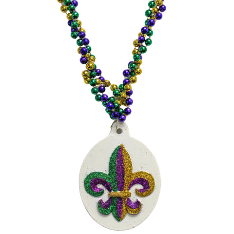 36" Fleur de Lis Glitter Medallion Mardi Gras Beads (Each)