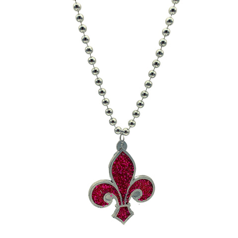 33" 10mm Silver Bead with Hot Pink Fleur de Lis Necklace (Each)