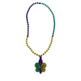 36" 10mm Purple, Green and Gold Glitter Fleur de Lis with Mask Necklace (Each)