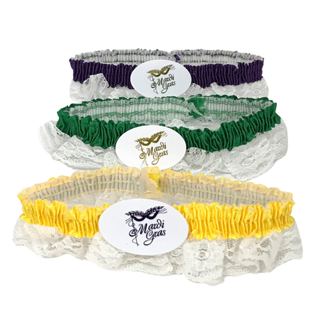 Assorted Purple, Green and Gold Garters with White Lace (Pack of 3)