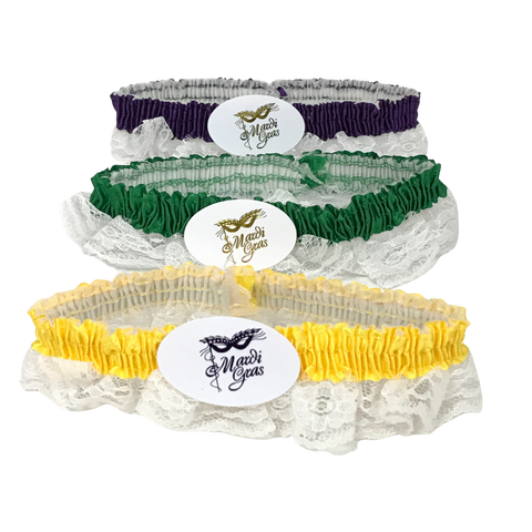 Assorted Purple, Green and Gold Garters with White Lace (Dozen)