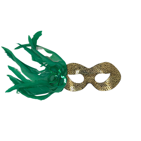 Gold Spotted Mask with Green Feathers and Flower with Ribbon Tie (Each)
