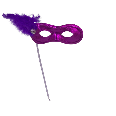 Metallic Purple Mask with Purple Feathers on Side with Purple Handle (Each)