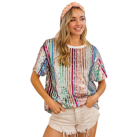 Multicolor Sequin Striped Short Sleeve Top (Each)