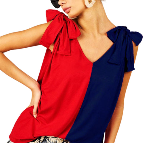 Red and Blue V Neck Top with Shoulder Ribbon Ties (Each)