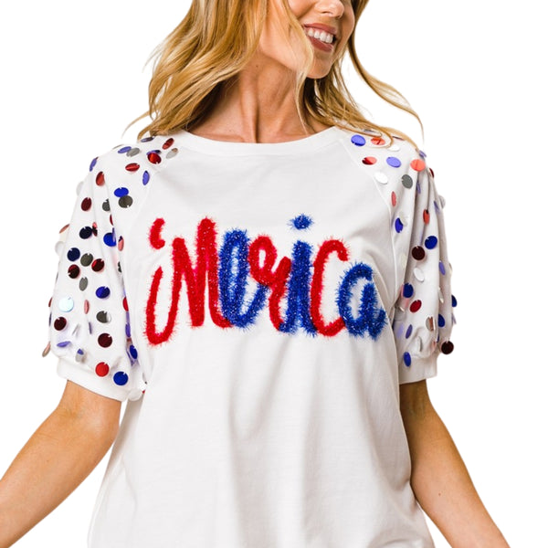 Merica Off White Raglan Sequin Puff Sleeve Top (Each)