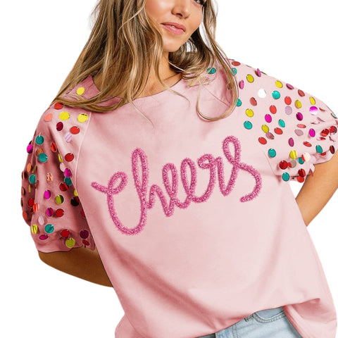 Pink "Cheers" Metallic Letter Raglan Sequin Puff Sleeve (Each)