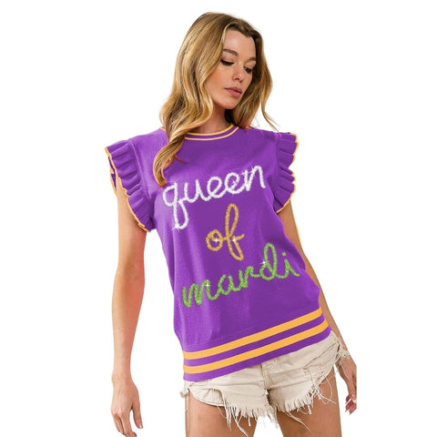 Purple Queen Of Mardi Sleeveless Ruffled Armhole with Metallic Lettering (Each)