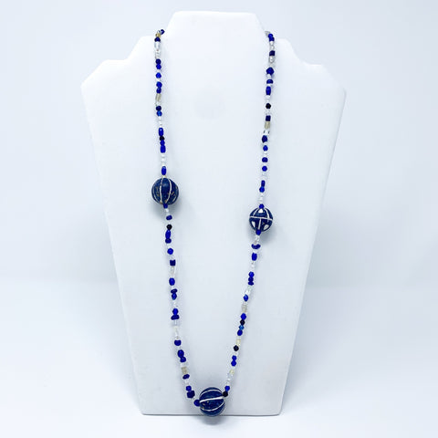 27" Blue & White Glass and Clay Bead Necklace (Dozen)