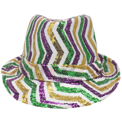 Purple, Green and Gold Sequins Stripes on White Fedora (Each)