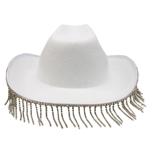 Diamante Tassel Trim Cowboy Hat - White (Each)