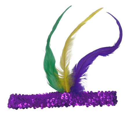 Purple Sequin Headband with Purple, Green and Gold Feather on Side (Each)