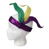 Purple Sequin Headband with Purple, Green and Gold Feather on Side (Each)