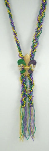 60" Purple, Green and Gold Braided Fleur de Lis Bead with Tassel (Each)