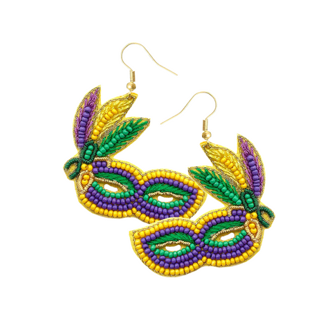 Dangling Mardi Gras Mask Seed Bead Earrings (Pair)