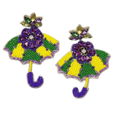 Mardi Gras Umbrella Seed Bead Drop Earrings (Pair)